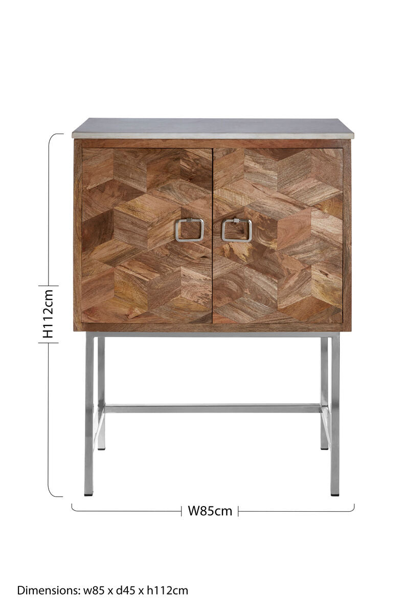 Nirav Marble and Mango Wood Geometric Design Cabinet