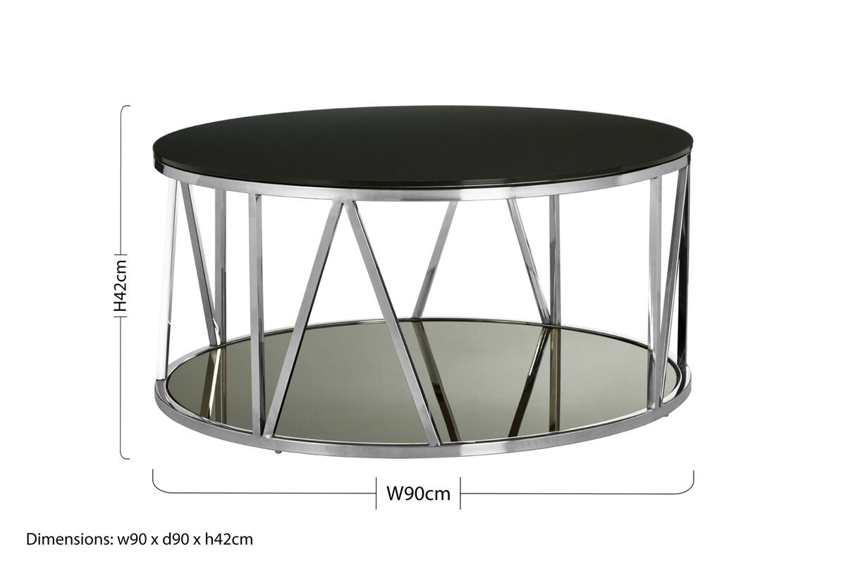 Round Chrome Finish Stainless Steel Base Coffee Table with Black Tempered Glass Top, Alvaro