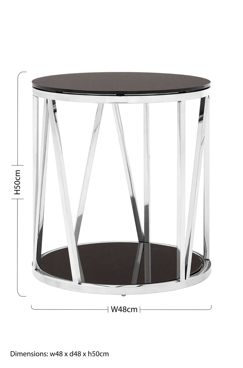 Black Tempered Glass Round Side Table with Chrome Reflective Stainless Steel Base, Alvaro