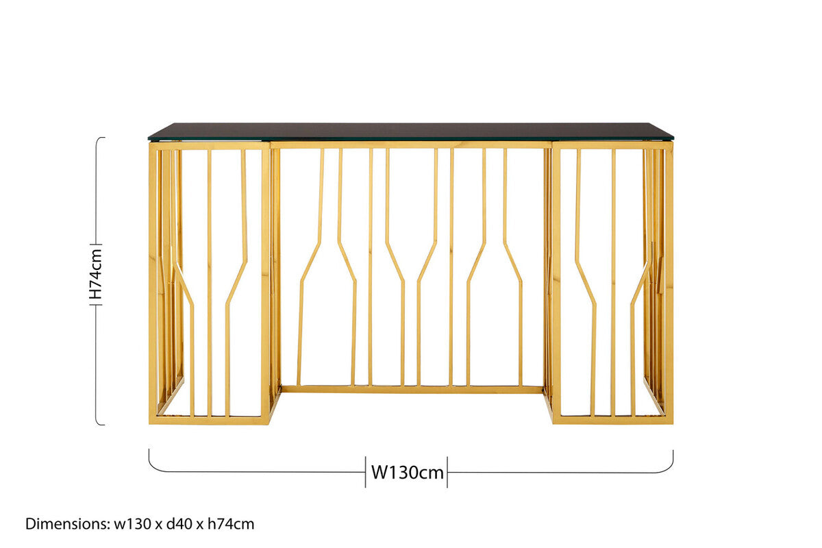 Gold Stainless Steel Frame Console Table with Black Tempered Glass Top, Alvaro