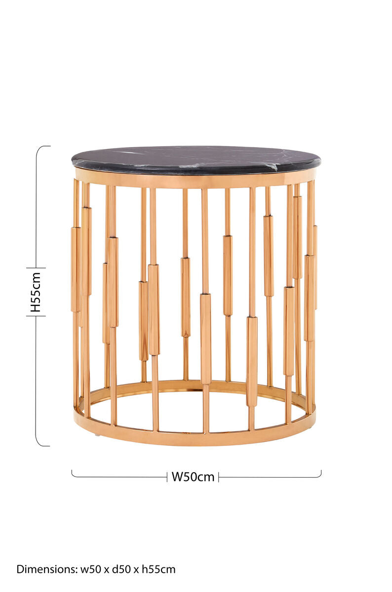 Round Rose Gold Copper Finish Frame Side Table with Black Marble Top, Alvaro