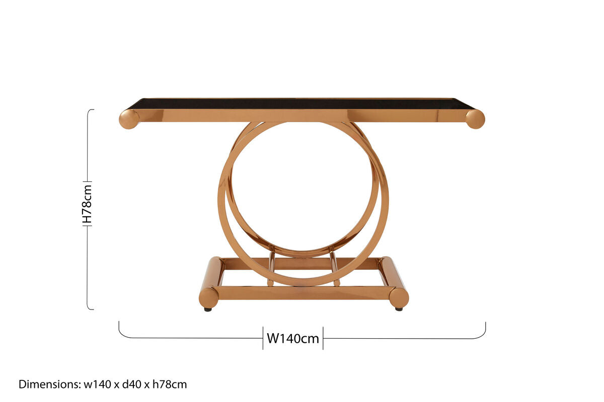 Black Tempered Glass Top with Rose Gold Stainless Steel Frame with Rounded Corners, Novara