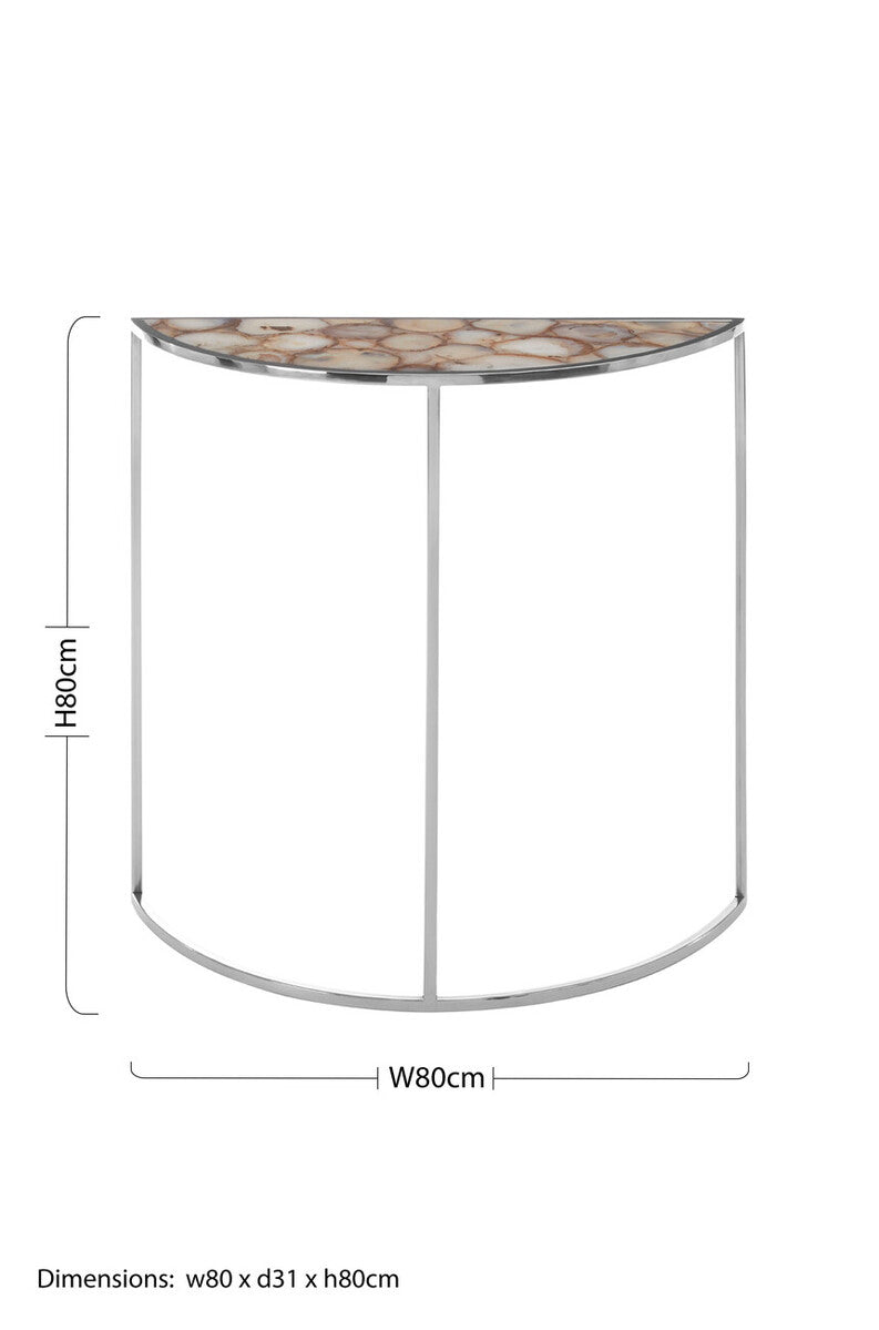 Half Moon Console Table with White Agate Stone Top and Silver Steel Frame, Vita