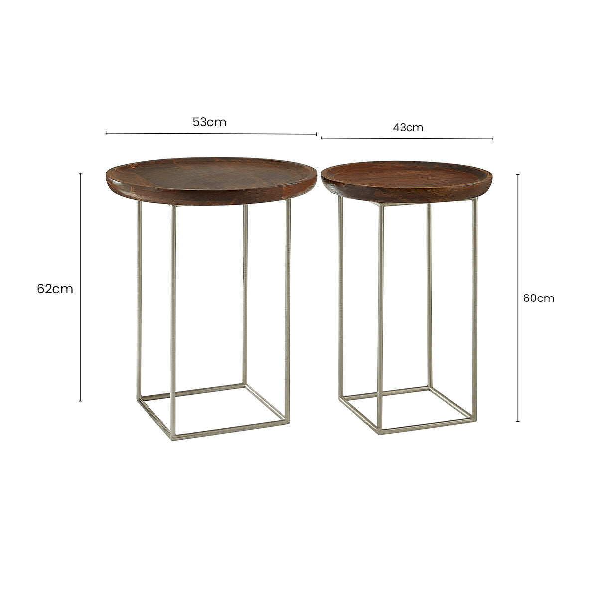 Set of 2 Side Tables with Reflective Silver Iron Legs and Wood Tops, Crest
