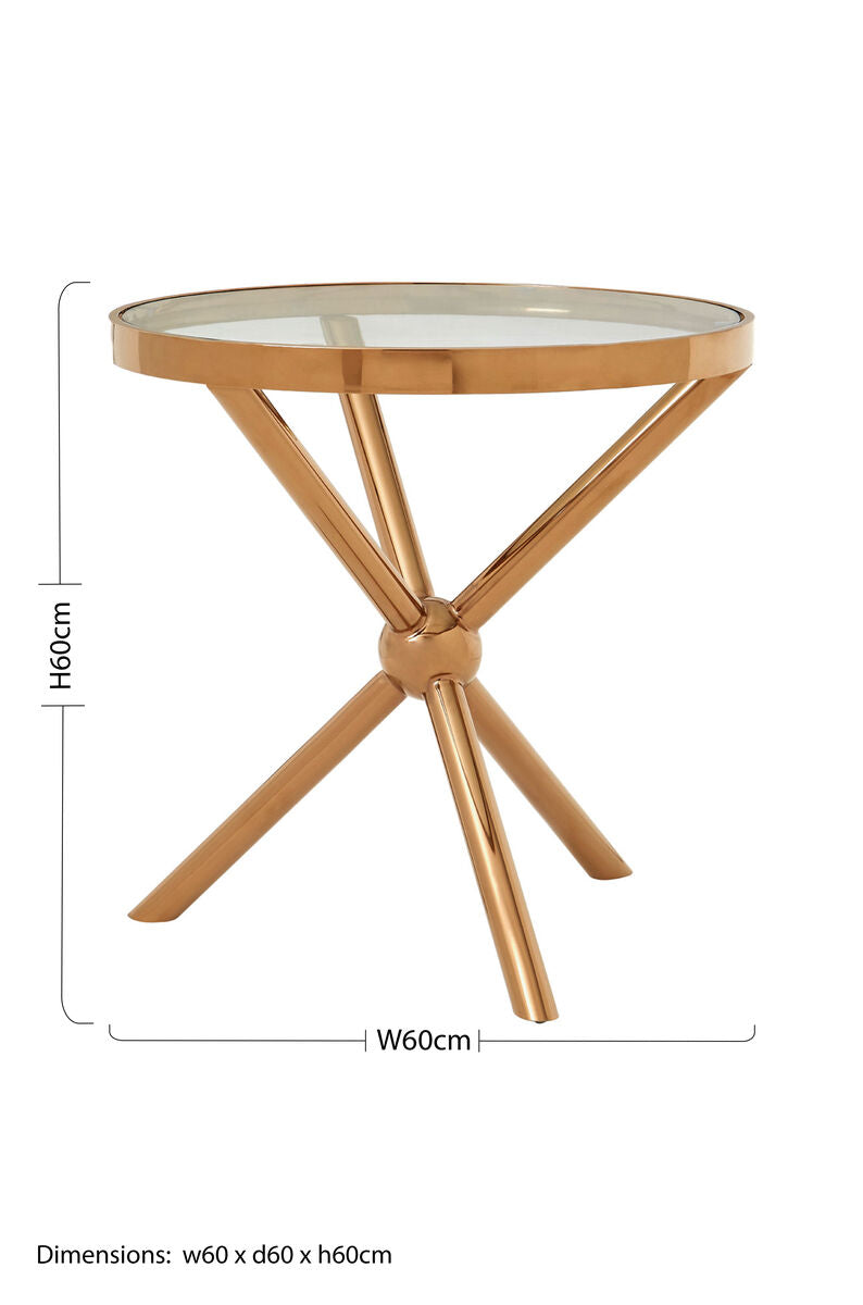 Round Rose Gold Side Table with Tempered Glass Top, Novo