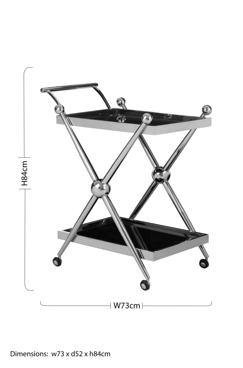 2 Tier Silver and Black Trolley with Glass Top in Cross Design, Novo