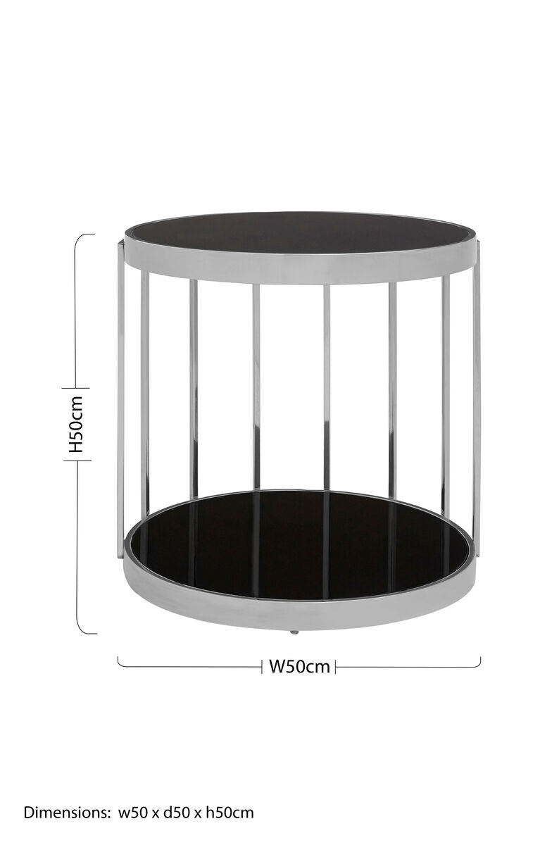 Silver Steel Cage Design Frame Side Table with Tempered Black Glass, Novo