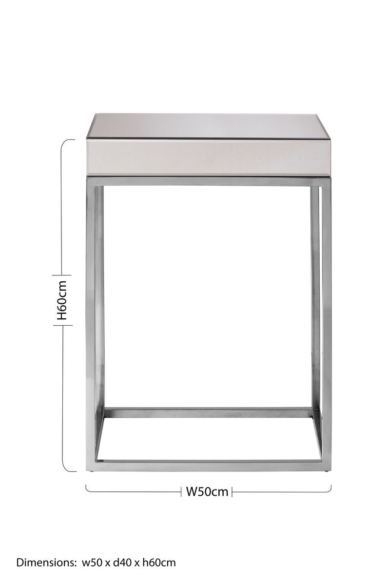 Silver Mirrored and Wooden Side Table with Stainless Steel Frame, Gianna