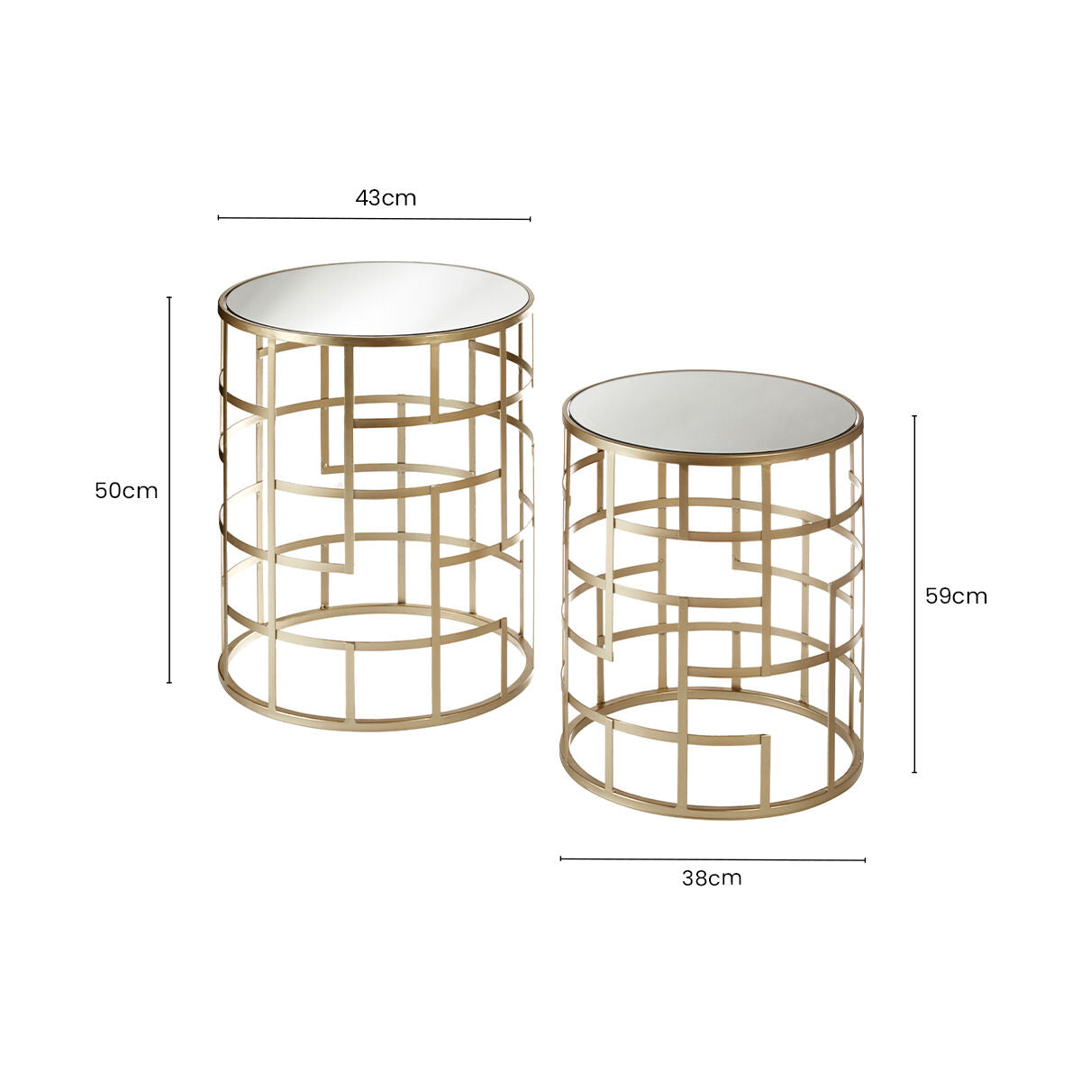 Set of 2 Gold Champagne Finish Art Deco Metal Base Side Tables with Mirrored Glass Tops, Avantis