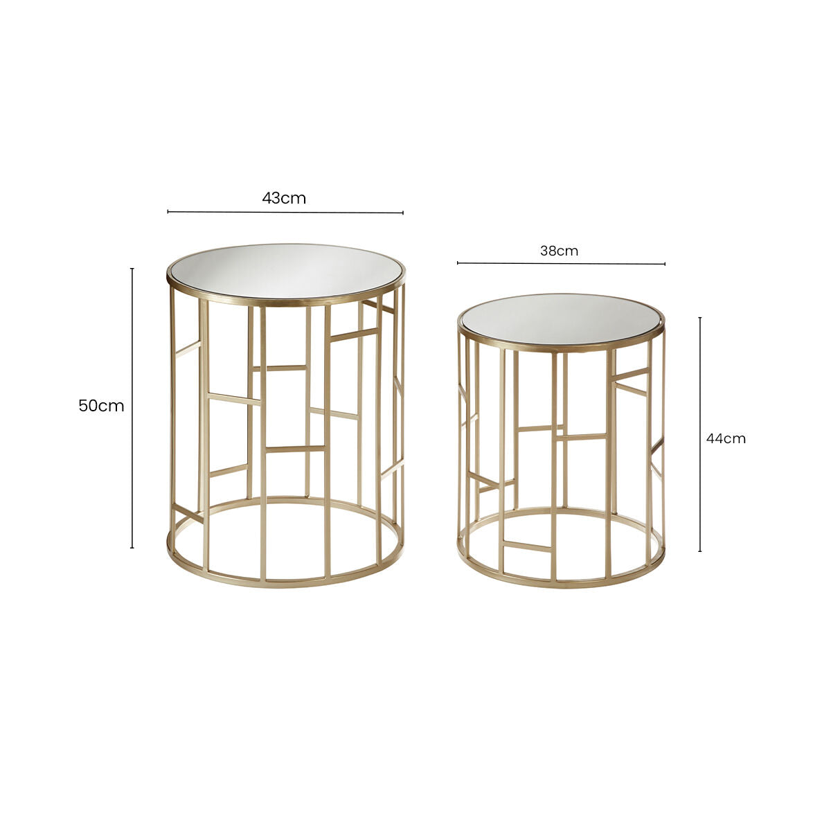Set of 2 Gold Champagne Finish Asymmetric Round Side Tables with Mirrored Glass Tops, Avantis