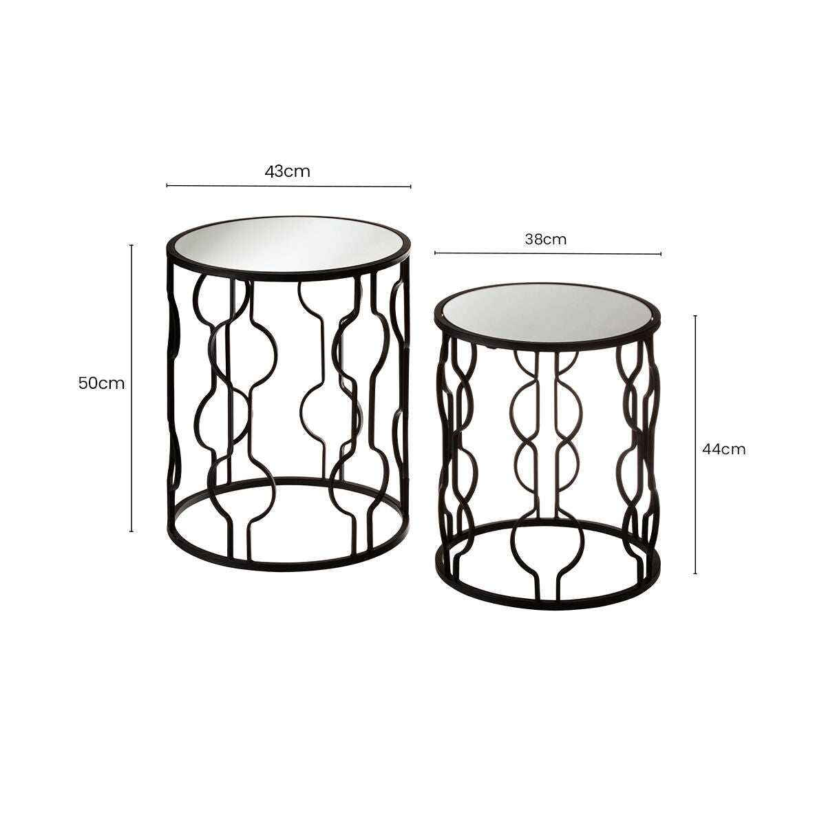 Set of 2 Black Metal Base Side Tables with Arabesque Detailing and Mirrored Glass Tops, Avantis