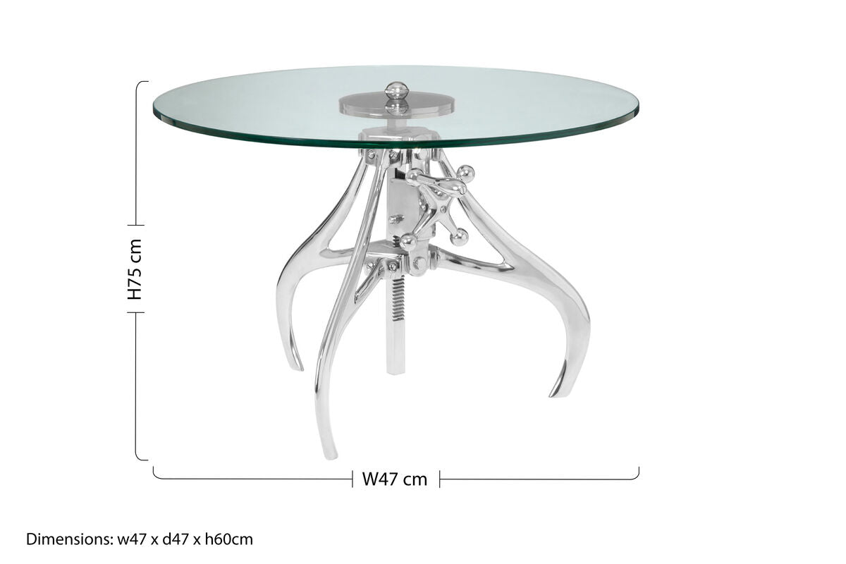 Clear Glass Top Accent Table with Silver Height Adjustable Crank Mechanism Metal Frame, Maxi