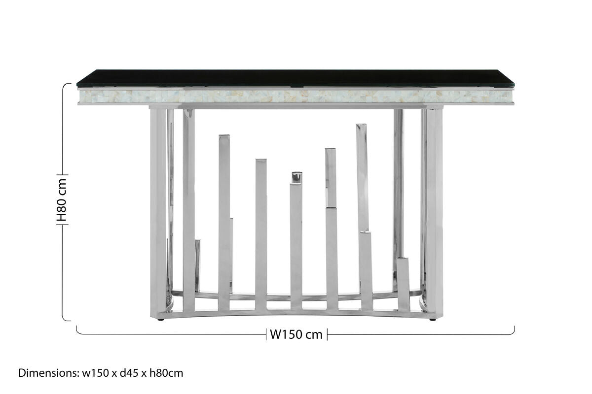 Rectangular Black Tempered Glass Top Console Table with Silver Steel Frame, Eliza
