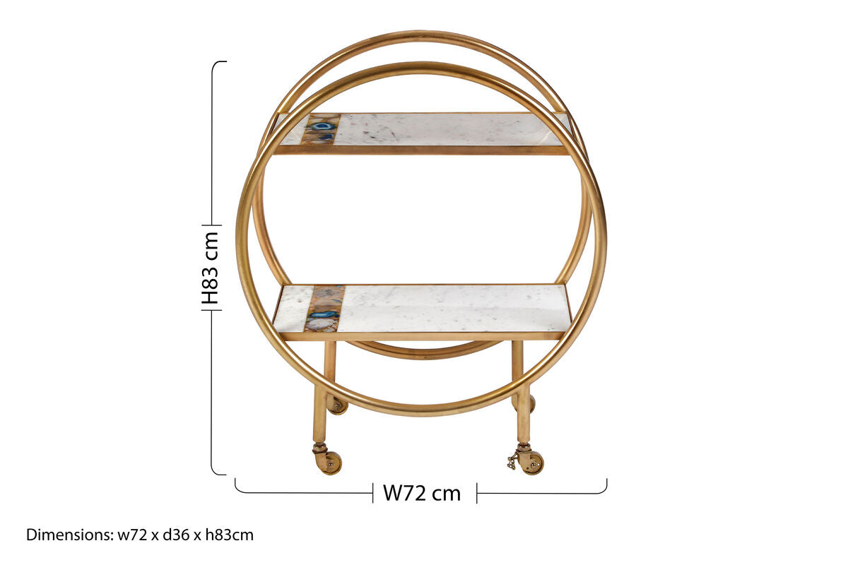 2 Tier Gold Finish Bar Trolley with Marble and Agate Shelves, Vizzini