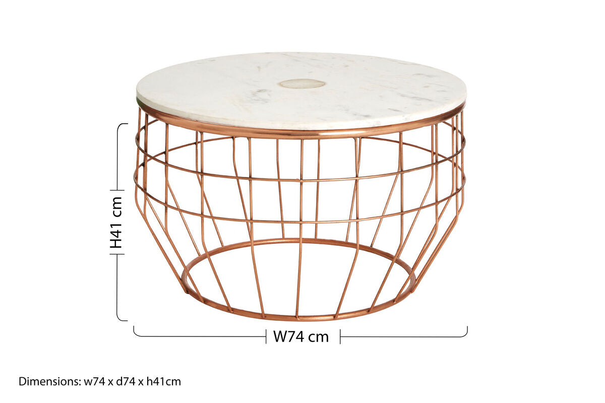 White Marble Top Coffee Table with Agate Inset and Copper Iron Wireframe Base, Vizzini