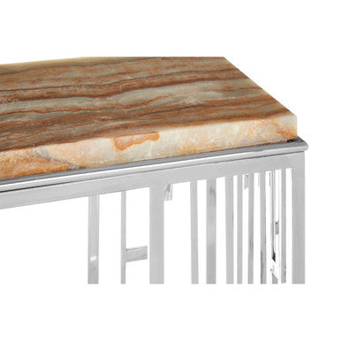 Natural Onyx Stone Top Console Table with Silver Stainless Steel Frame, Relic