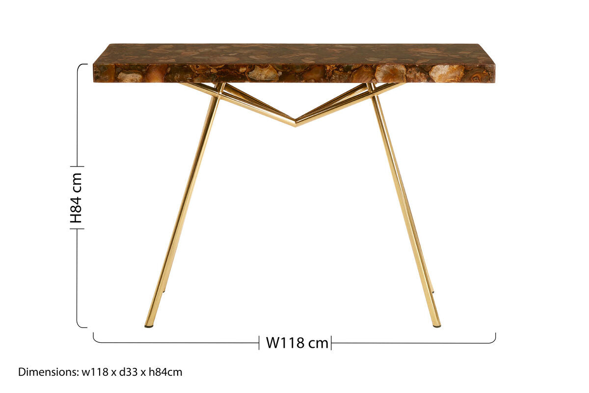 Natural Agate Console Table in Gold Warm Brass Tone Finish, Relic