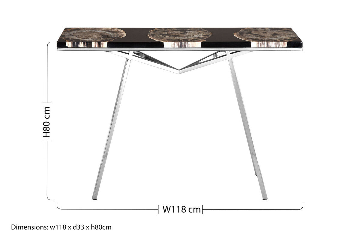 Black Resin and Wooden Console Table with Sleek Stainless Steel Silver Legs, Relic