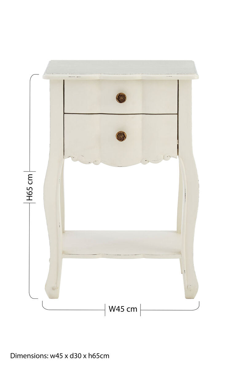 White Wooden 2-Drawer Bedside Table with Brass Finished Handles, Loire
