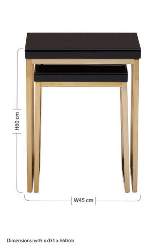 Set of 2 Glossy Black Tops Wooden Nesting Tables with Gold Finish Iron Base, Kensington Townhouse