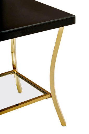 Black Mirror Glass Top and Wooden Side Table with Reflective Gold Curved Iron Legs, Kensington Townhouse