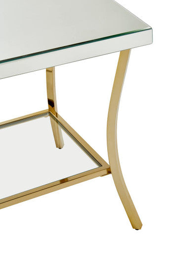 Glossy Black Top Mirror Side Table with Reflective Gold Curved Iron Legs, Kensington Townhouse