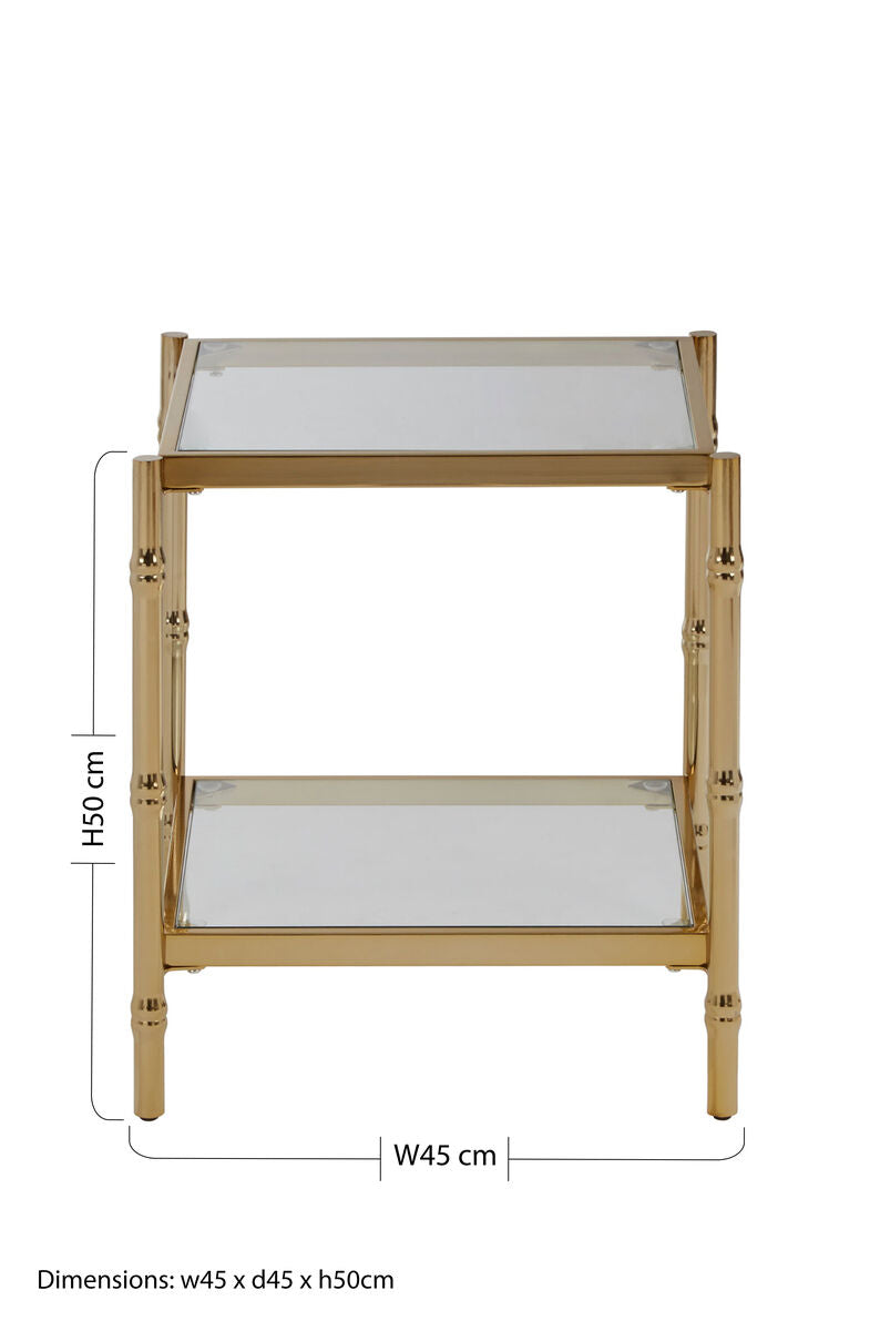 Clear Mirrored Two-Tier Square Side Table with Gold Finish Iron Frame, Kensington Townhouse