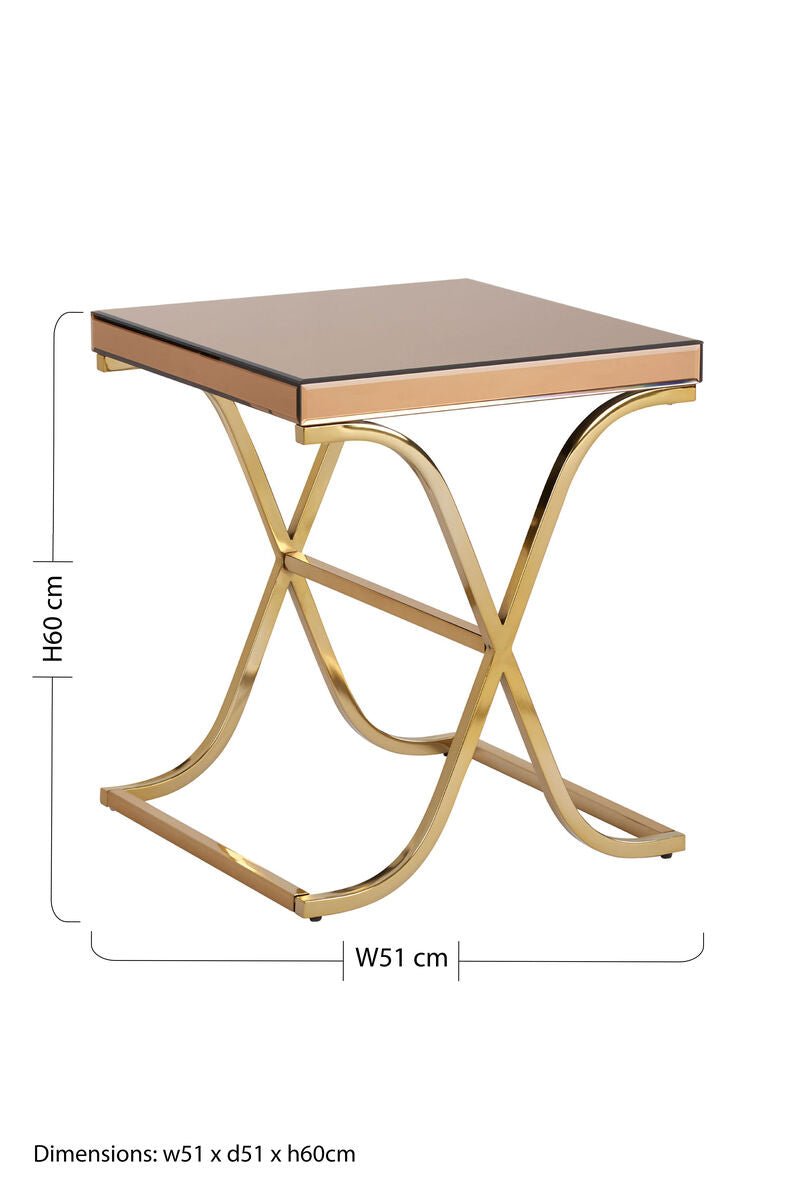 Brown Square Glass Top Side Table with Gold Finish Metallic X-Shaped Base, Kensington Townhouse