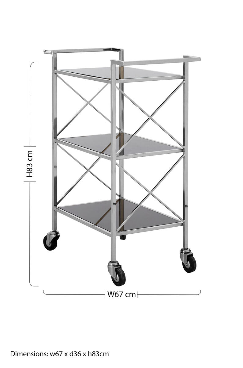 Black Mirrored Glass 3 Tier Trolley with Silver Finish, Hoffmann