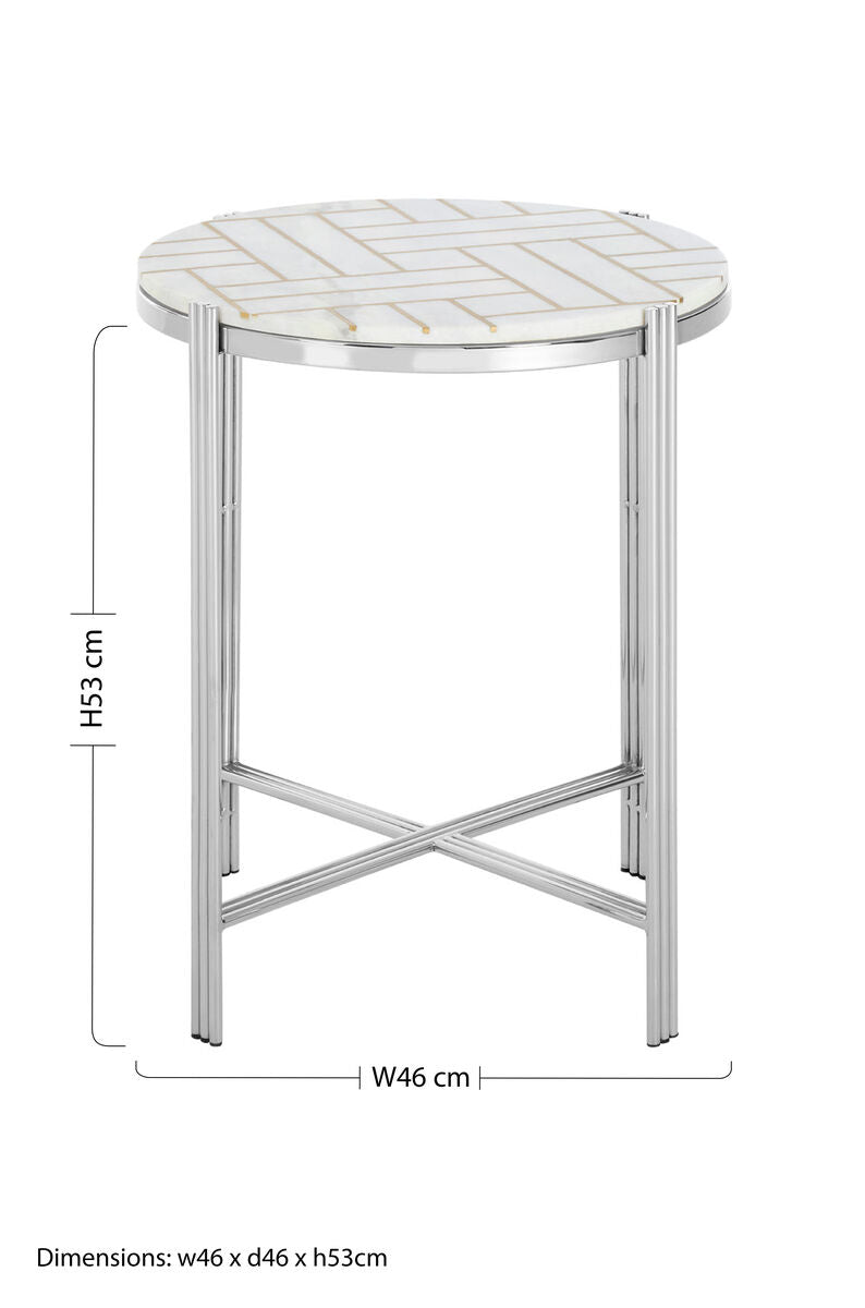 White Marble Top Side Table with Gold Detail and Silver Finish Frame, Eva