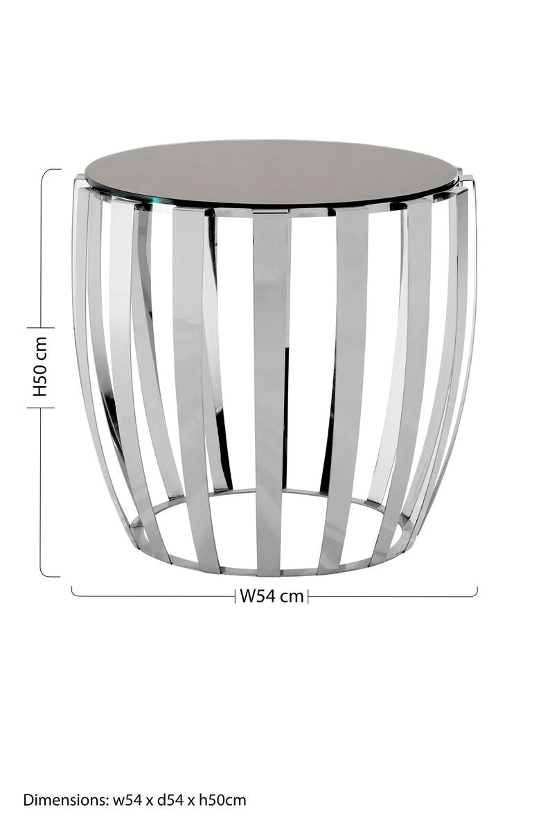 Black Tempered Glass Top Side Table with Curving Silver Stainless Steel Frame, Yasmin