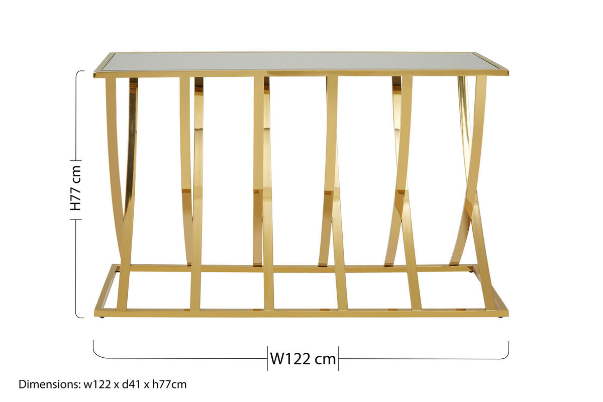 Gold Mirrored Top Console Table with Sweeping Stainless Steel Frame, Reena