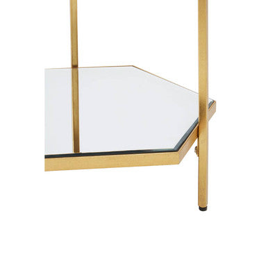 Gold Finish 2-Tier Side Table with Hexagonal Mirrored Glass Shelves, Rio