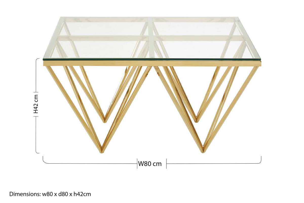 Gold Prismatic Square Coffee Table with Clear Glass Top and Pincer Style Legs, Allure