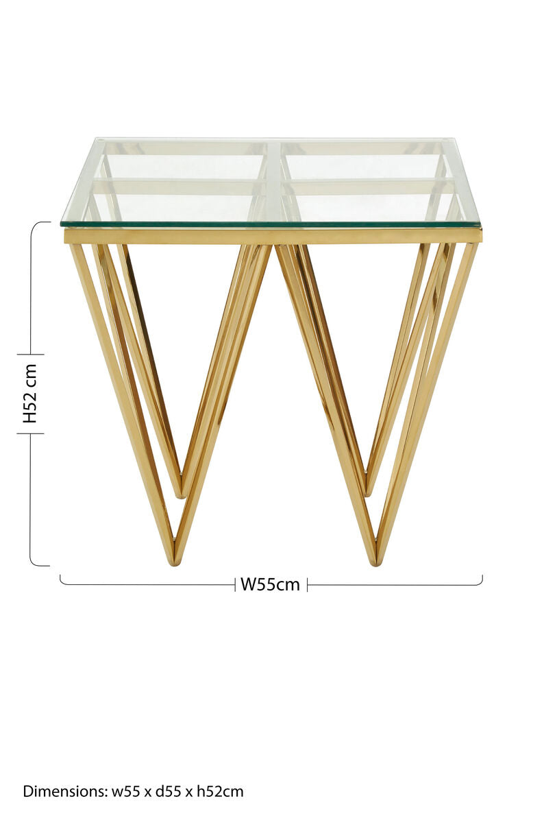 Gold Finish Side Table with Tempered Glass Top and Sculptural Metal Base, Allure