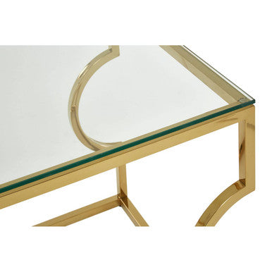Gold Curved Frame Square End Table with Clear Tempered Glass, Allure