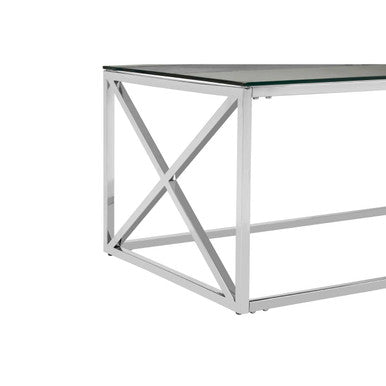 Silver Finish Coffee Table with Cross Frame and Tempered Glass Top, Allure