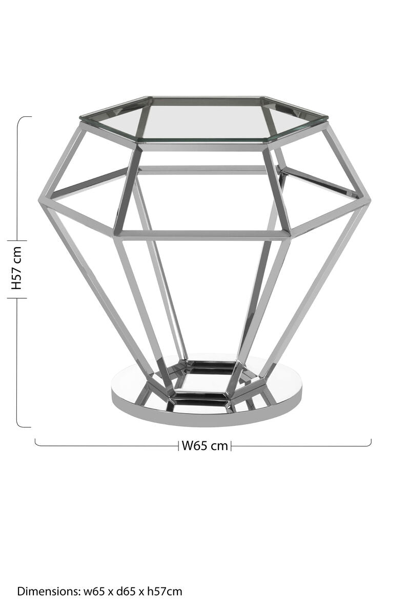 Silver Geometric Diamond Design End Table with Clear Tempered Glass Top, Allure