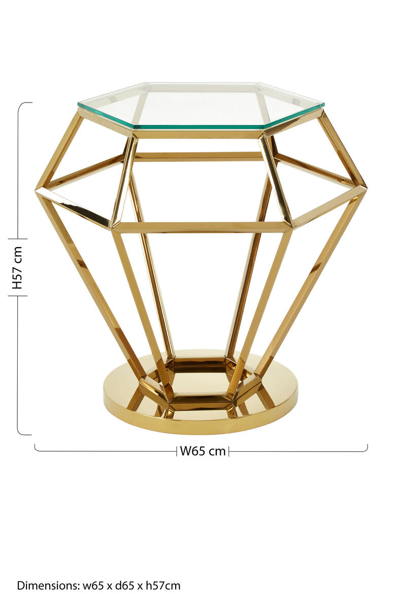 Gold Finish Diamond Frame Small End Table with Tempered Glass Top, Allure