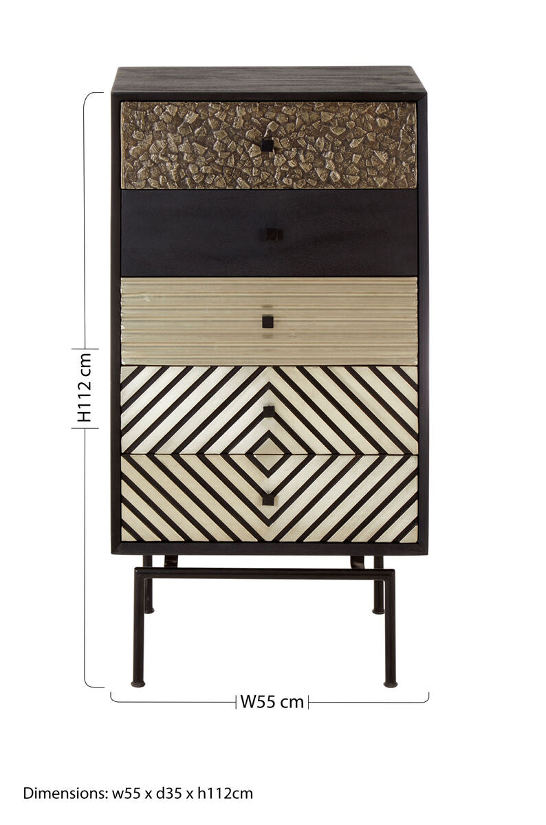 Boho Patterned Tall Chest of 5 Drawers