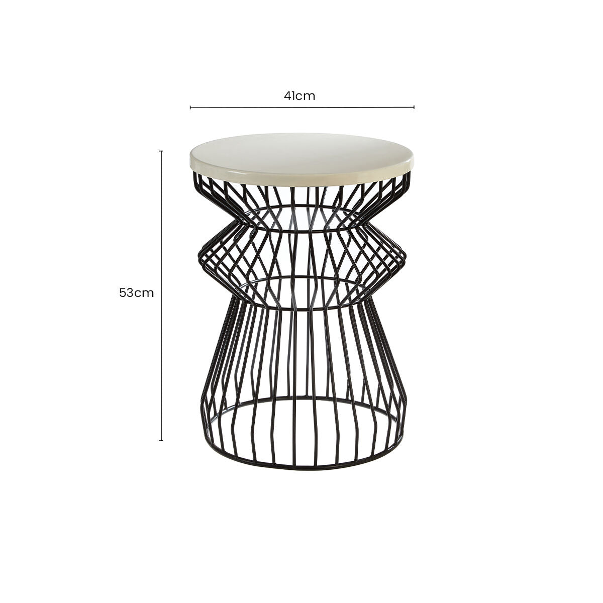 White Top Round Side Table with Black Iron Wire Curved Openwork Base, Corina