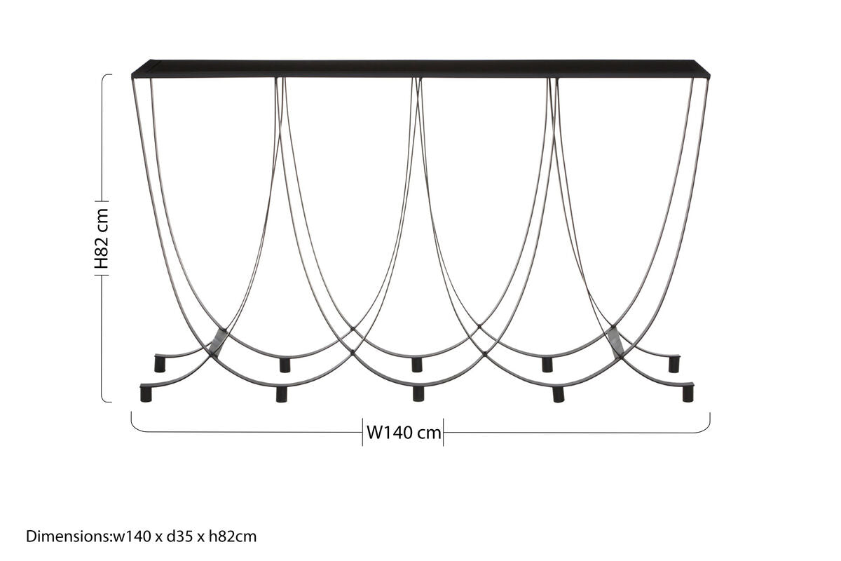 Black Glass Top Console Table with Black Iron Overlapping Curved Base, Trento
