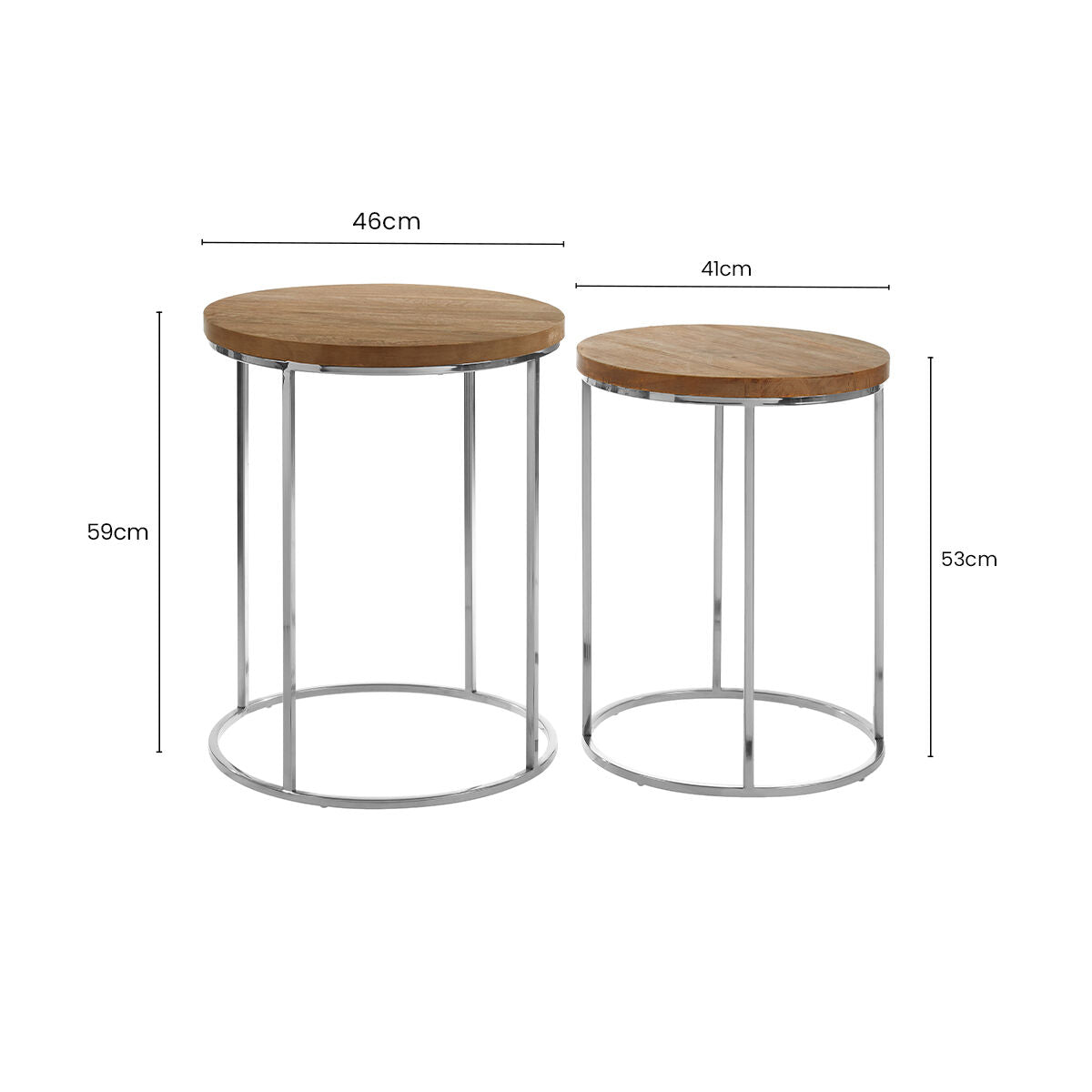 Set of 2 Natural Mango Wood Top Round Side Tables with Stainless Steel Base in Metallic Finish, Agra