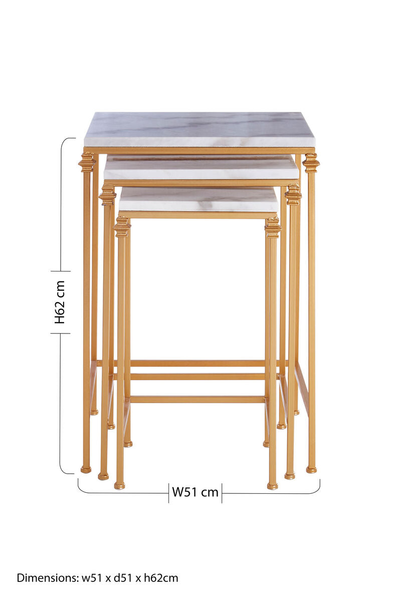 Set of 3 White Marble Tops Square Nesting Side Tables with Gold Finish Carved Metallic Legs, Avantis