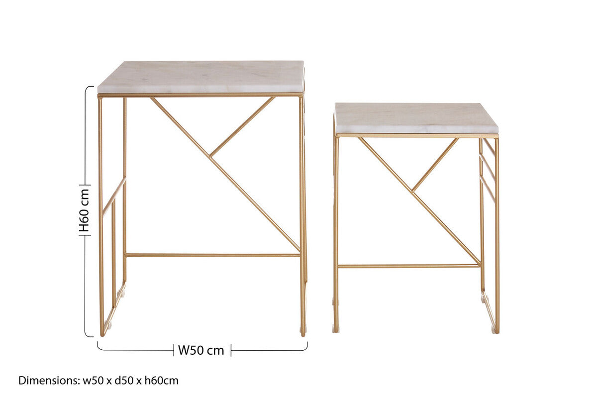 Set of 2 White Marble Square Nesting Tables with Champagne Finish Metallic Legs, Avantis