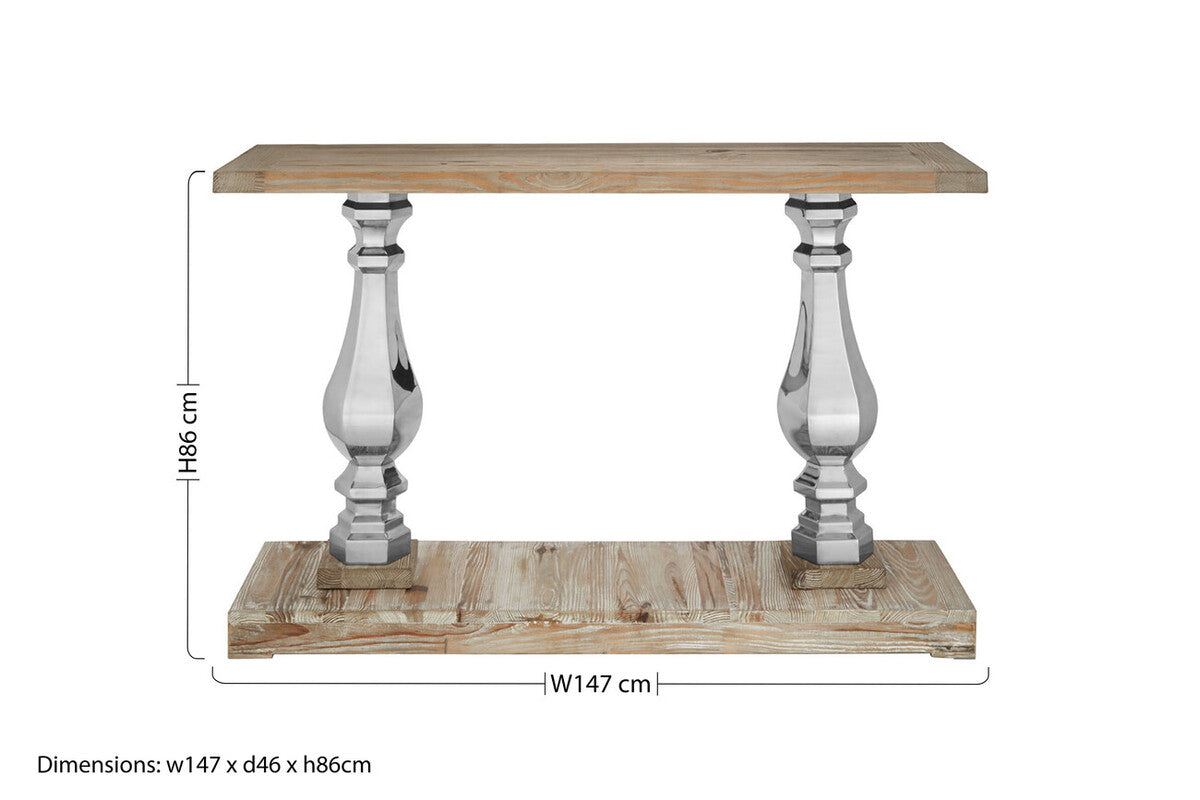Brown Whitewash Pine Wooden Console Table with Carved Silver Pillar Columns and Brown Wooden Base, Richmond