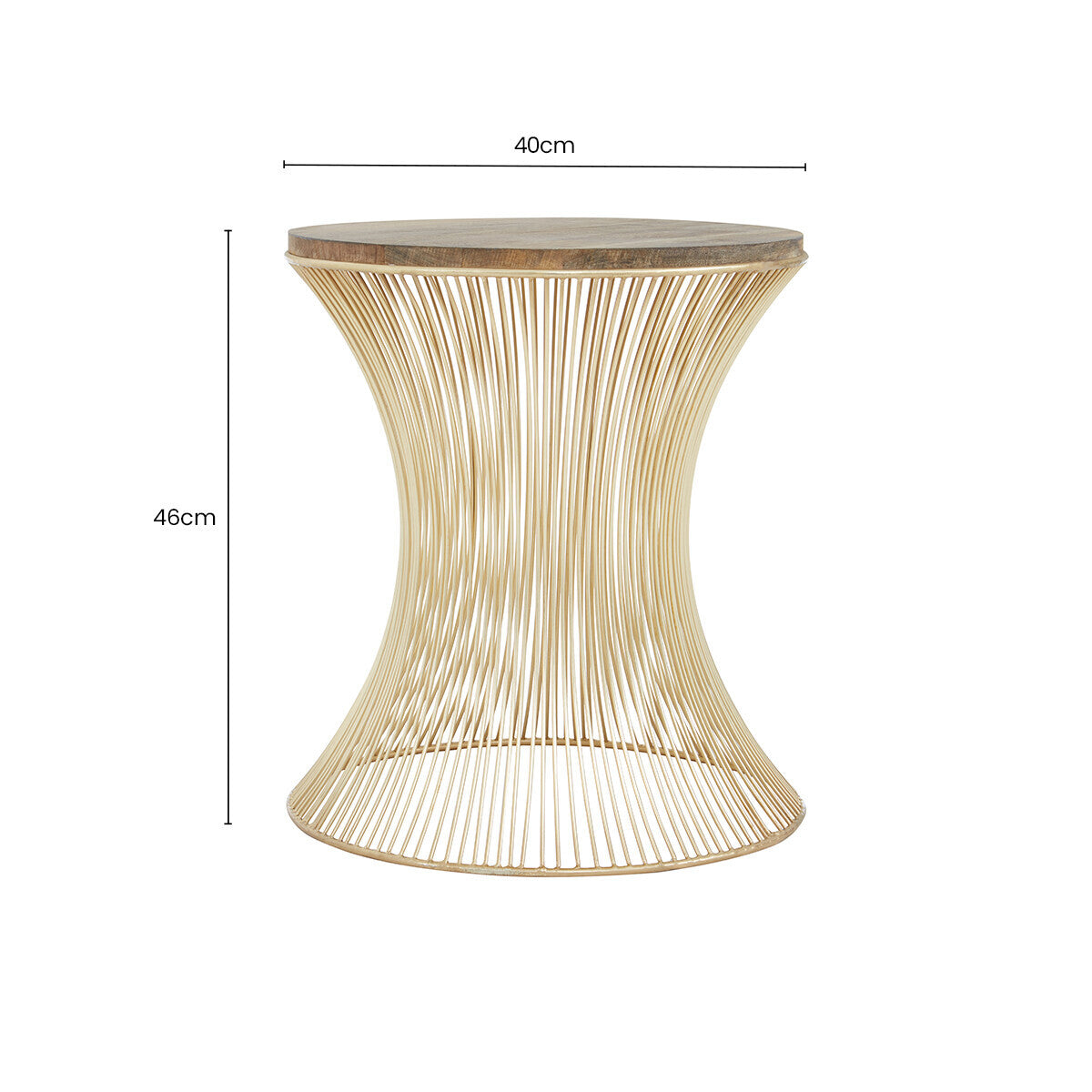 Natural Solid Rustic Wood Top Side Table with Gold Finish Metallic Hourglass Base, Templar