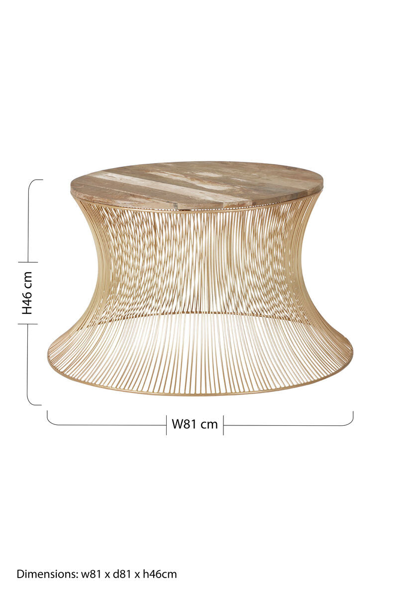 Gold Wooden Top Coffee Table with Metallic Hourglass Frame, Templar