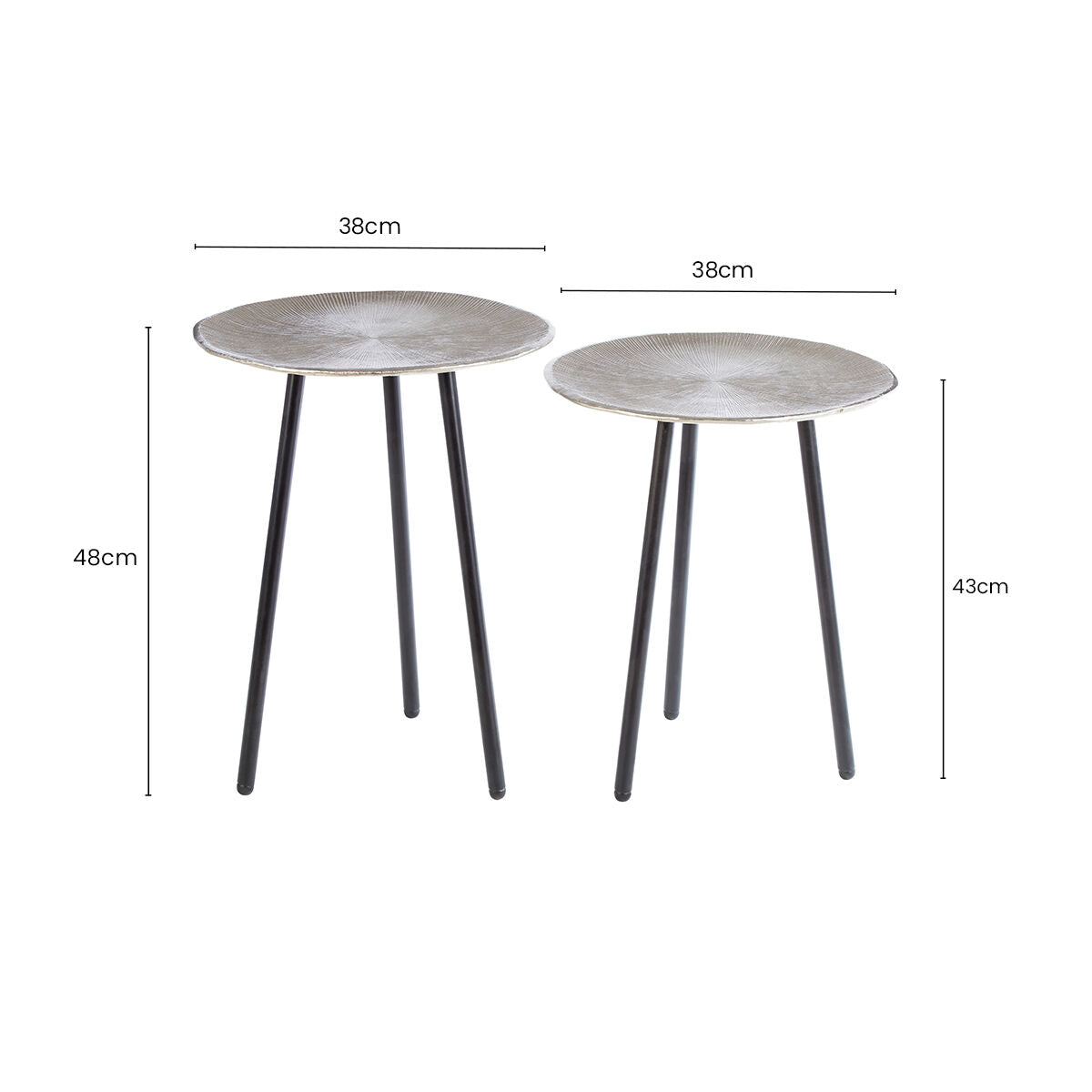 Set of Two Textured Nickel Round Side Tables with Distressed Aluminium Tops and Black Iron Legs, Templar