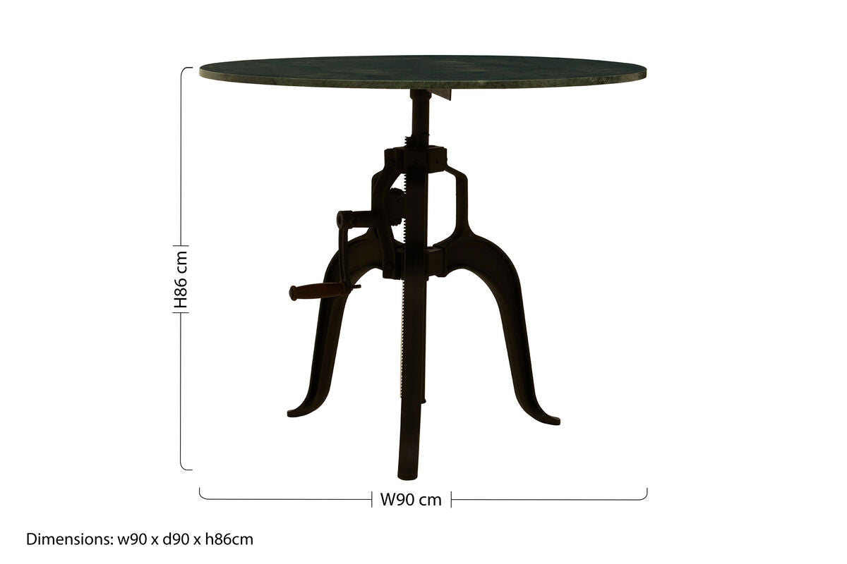 Green Marble Top Small Bar Table with Black Iron Cabriole Legs and Crank Mechanism, Vasco